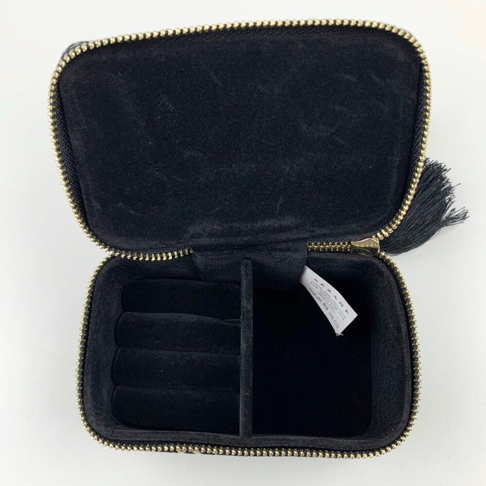 Sezane Jewelry Box Case Black Velvet Gold Daisy Stars Tassels Small Zip Around - Picture 7 of 9